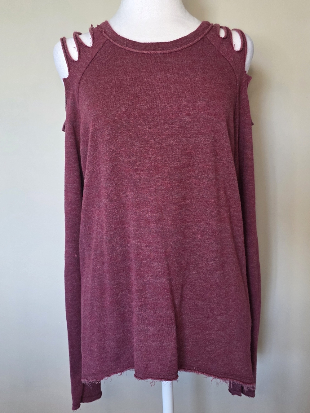 Elan- Burgundy Distressed Cold Shoulder Cutout Sweatshirt Top